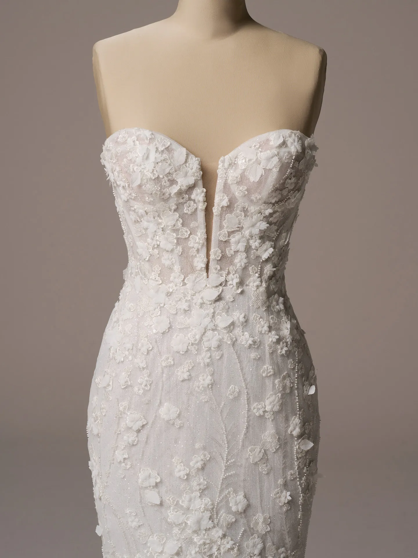 Noor mermaid wedding dress front view, 3D floral details.
