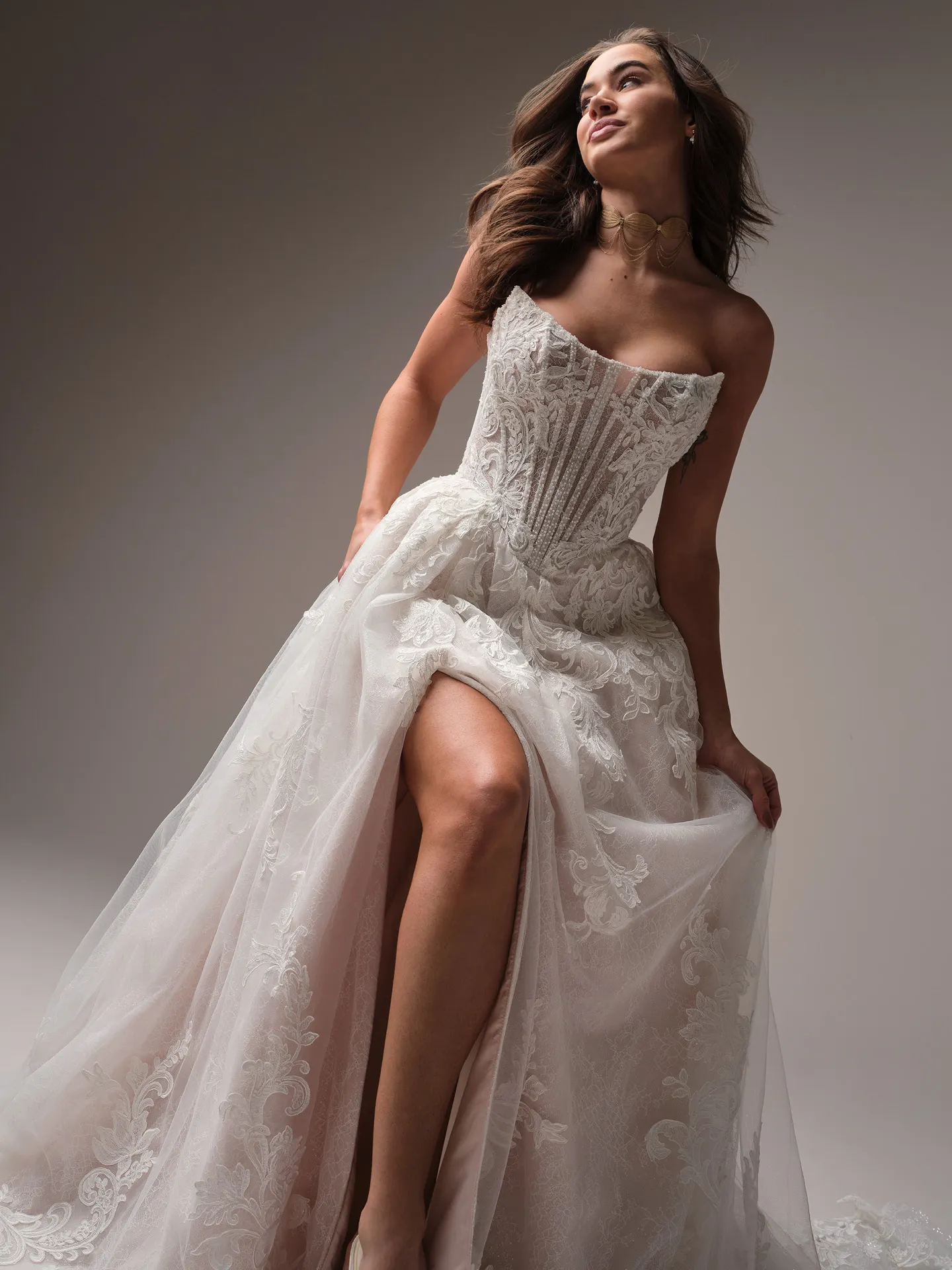 Sottero and Midgley Parker gown front view, A-line with exposed boning, lace detail