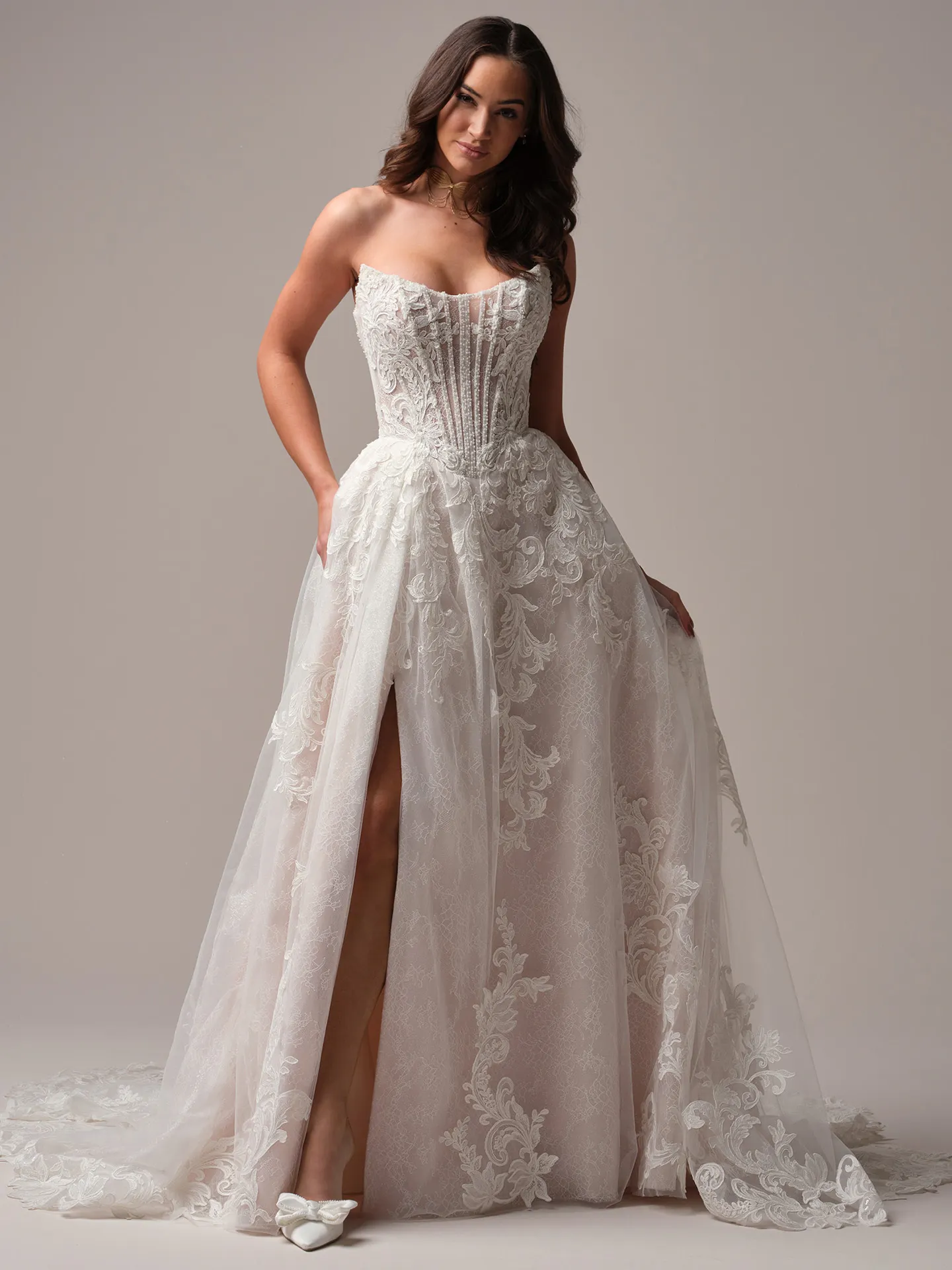 Sottero and Midgley Parker A-line front view with lace and exposed boning