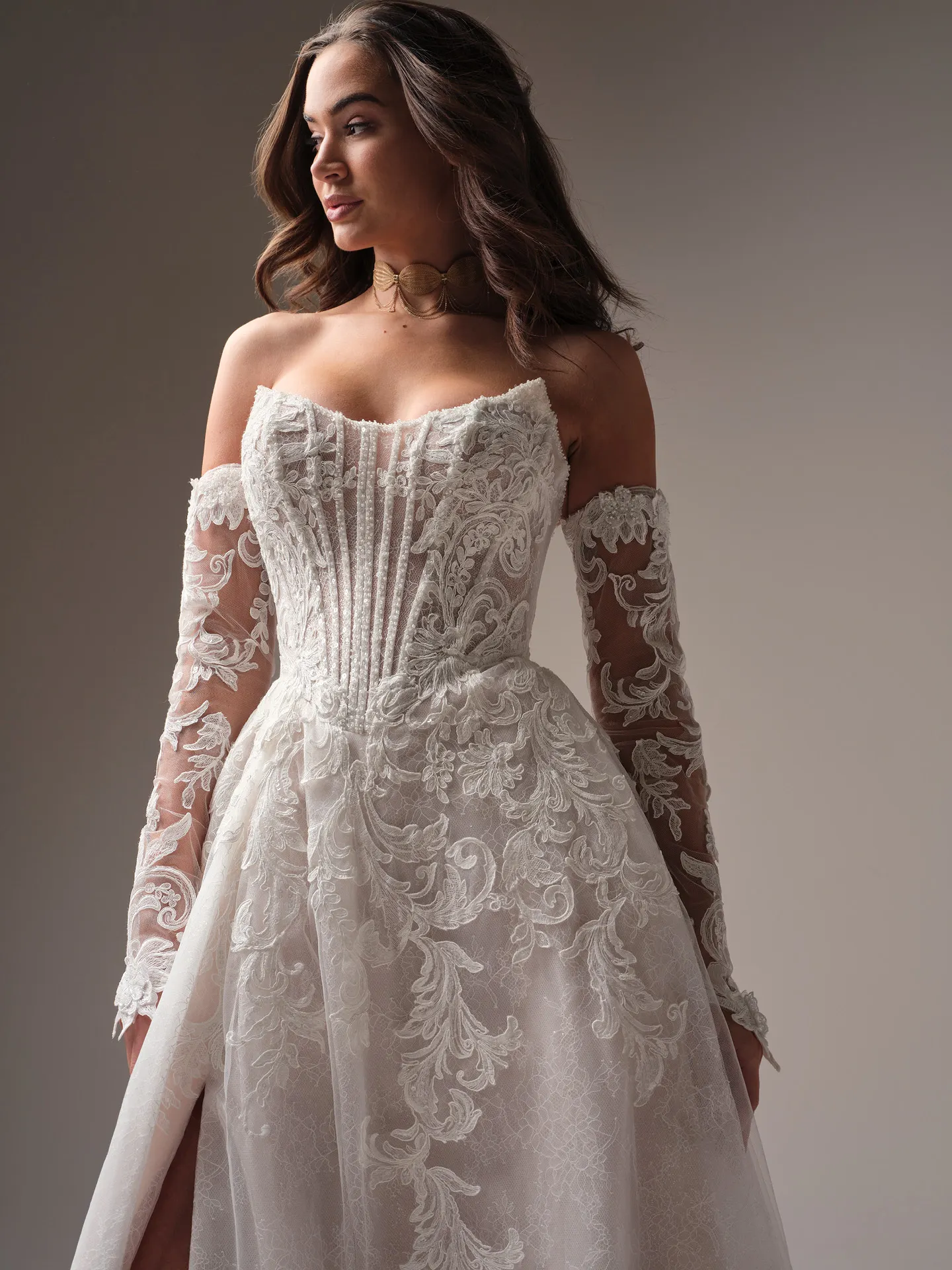Sottero and Midgley Parker A-line gown front view with lace and exposed boning.