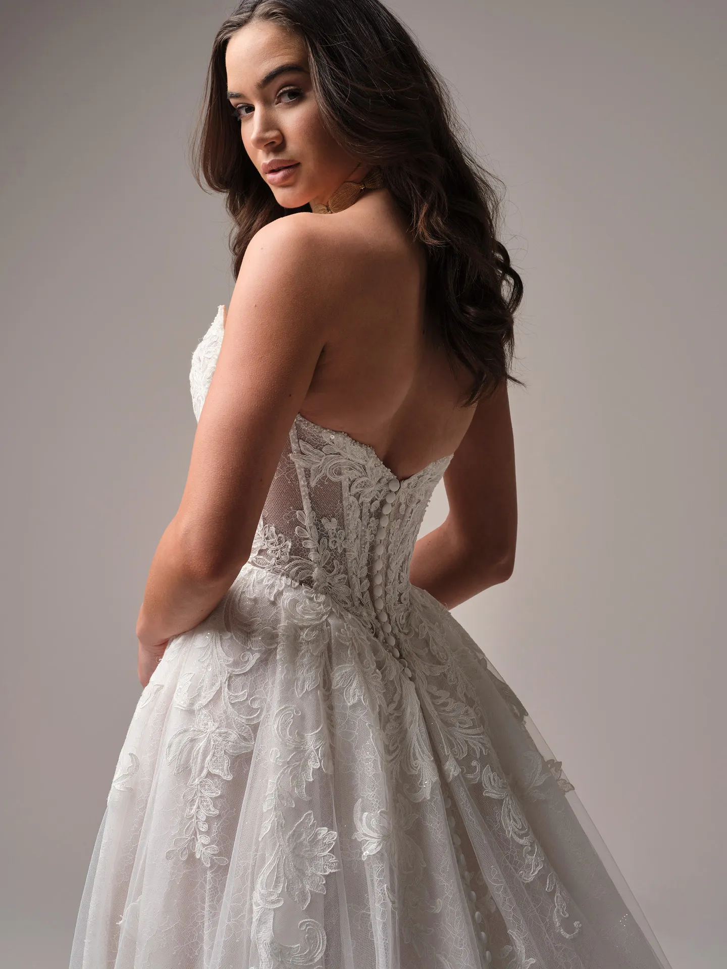 Sottero and Midgley Parker back view, lace A-line gown with exposed boning