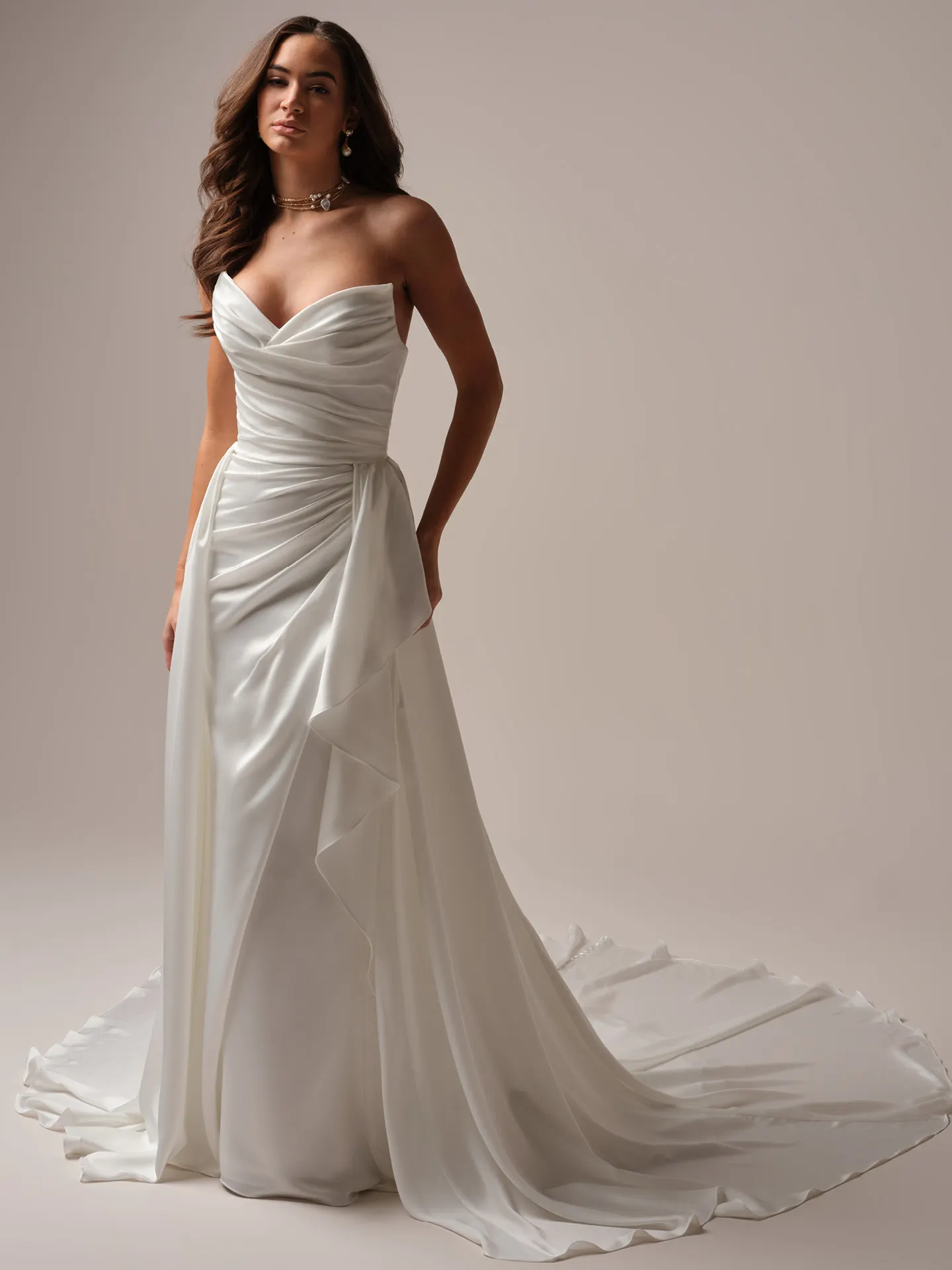 Rhianna satin sweetheart sheath bridal gown front view Sottero and Midgley