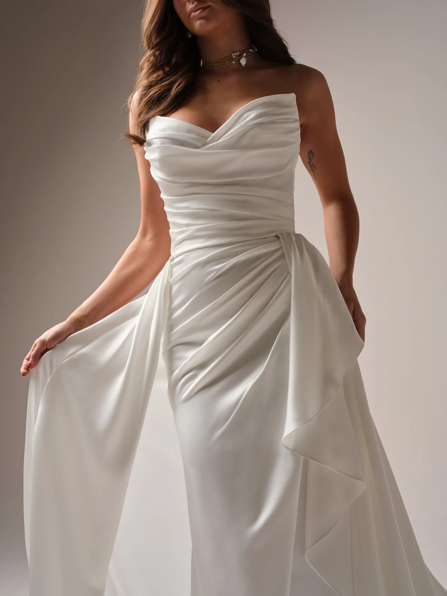 Sottero Midgley Rhianna front view asymmetrical sweetheart satin sheath gown