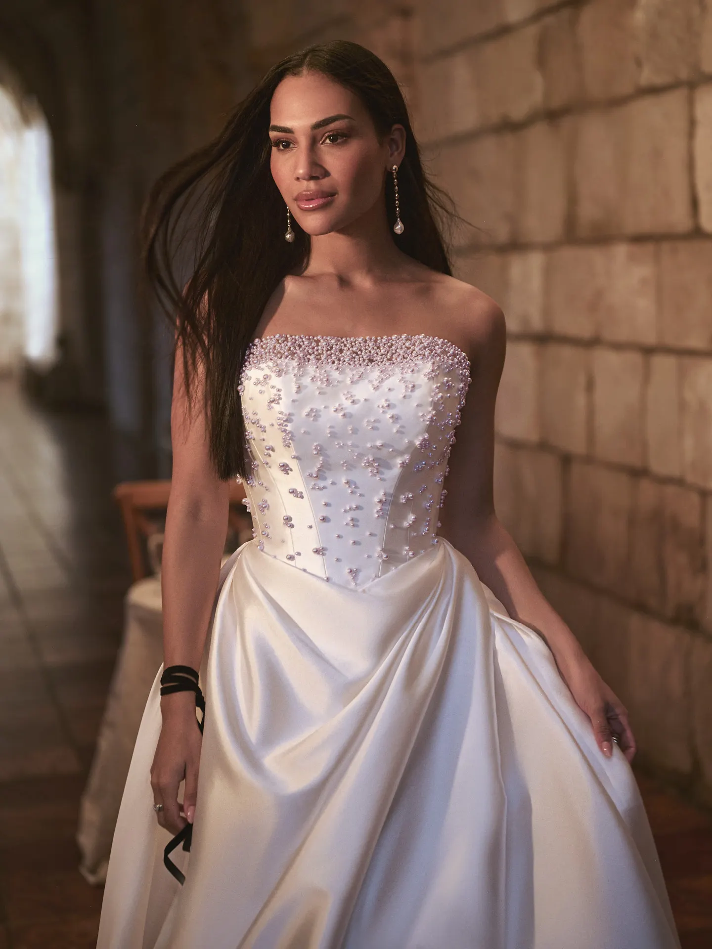 Sottero and Midgley Tenille front view, satin A-line wedding dress with pearl details
