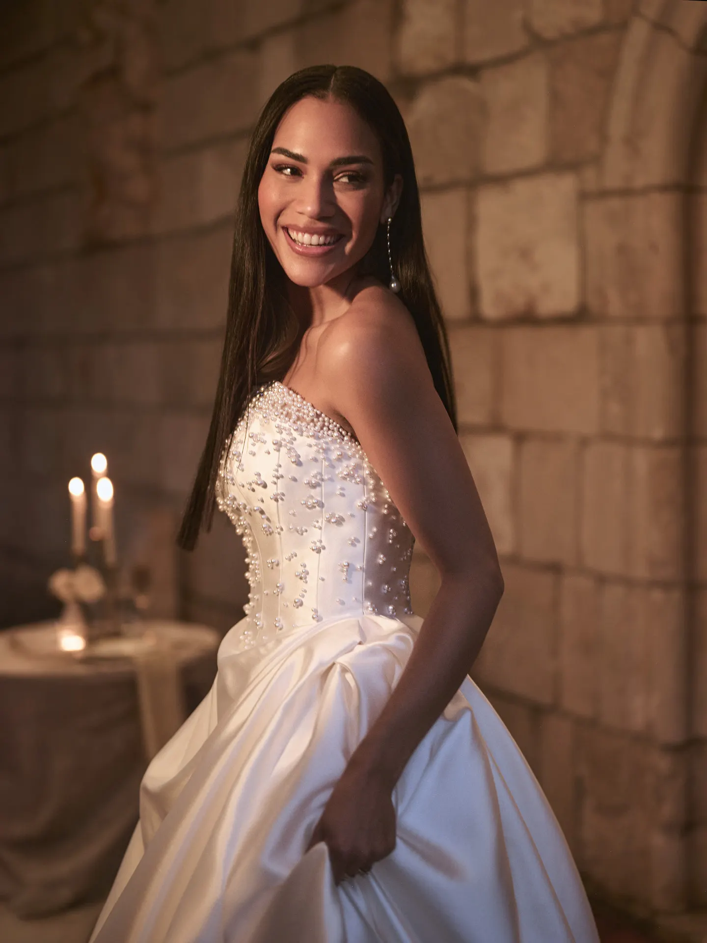 Sottero and Midgley Tenille front view, satin A-line with pearl detailing.