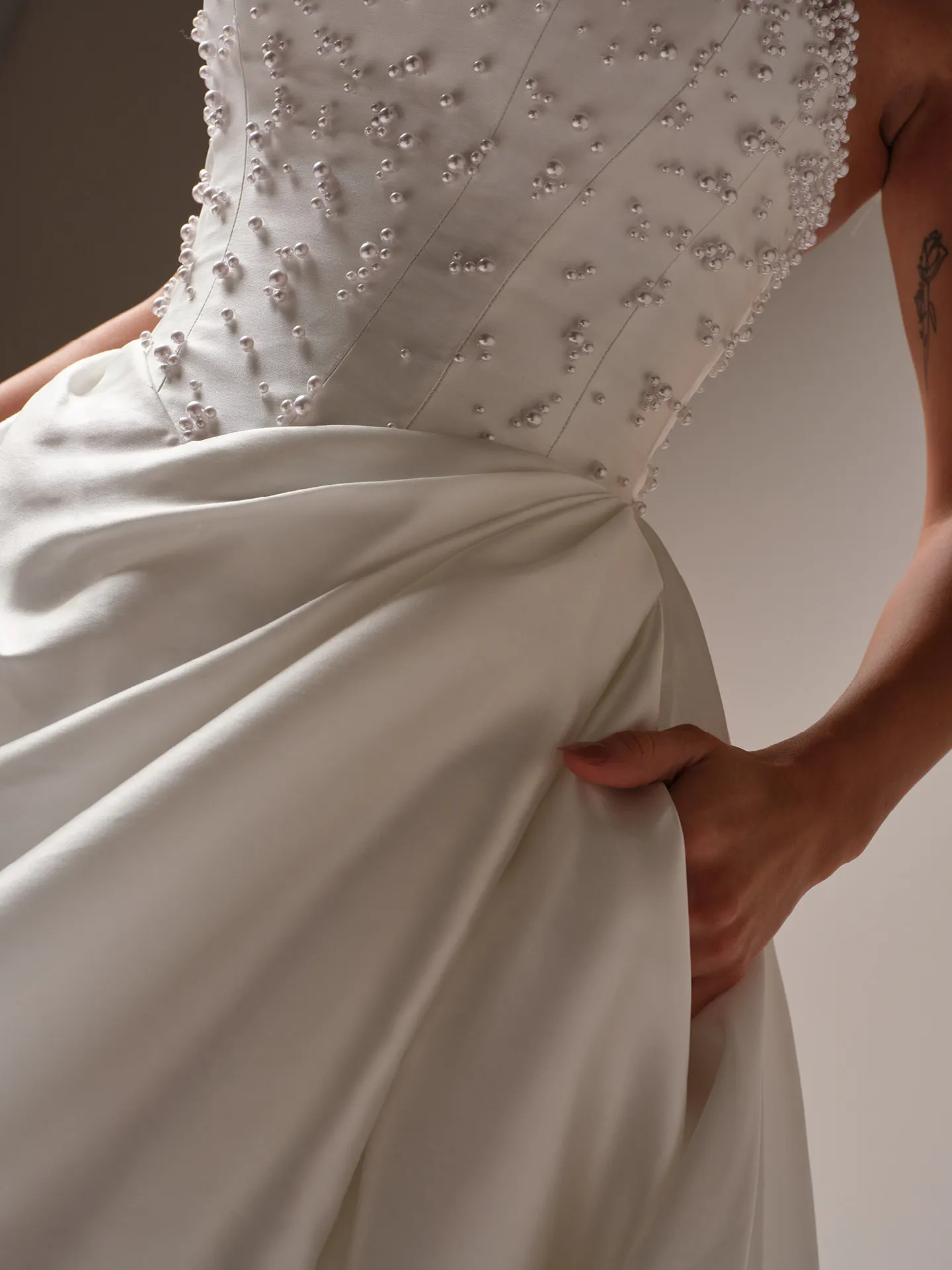 Sottero and Midgley Tenille satin pearl A-line dress close-up