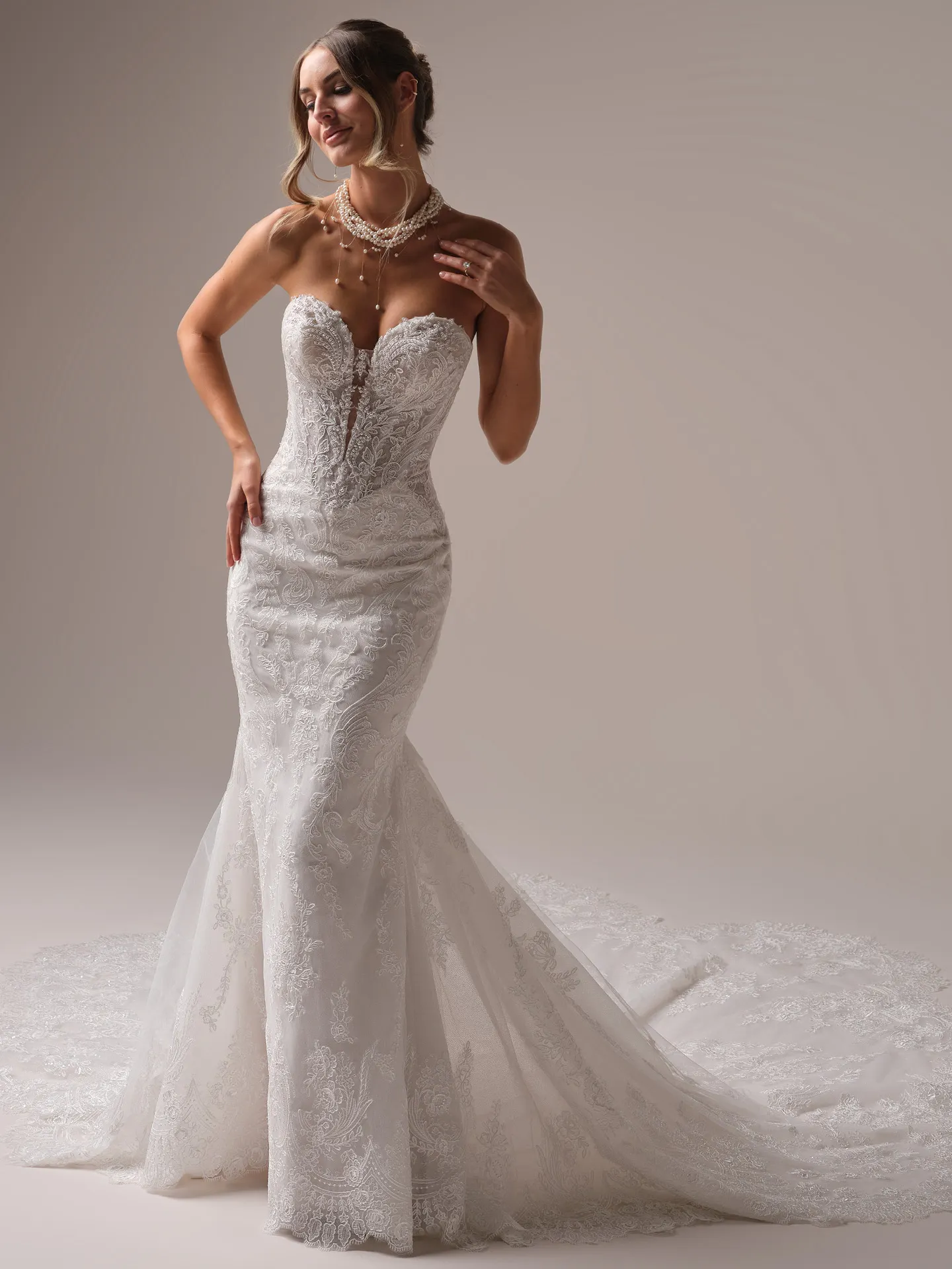 Sottero and Midgley Zareen front view, lace mermaid bridal dress with scalloped details