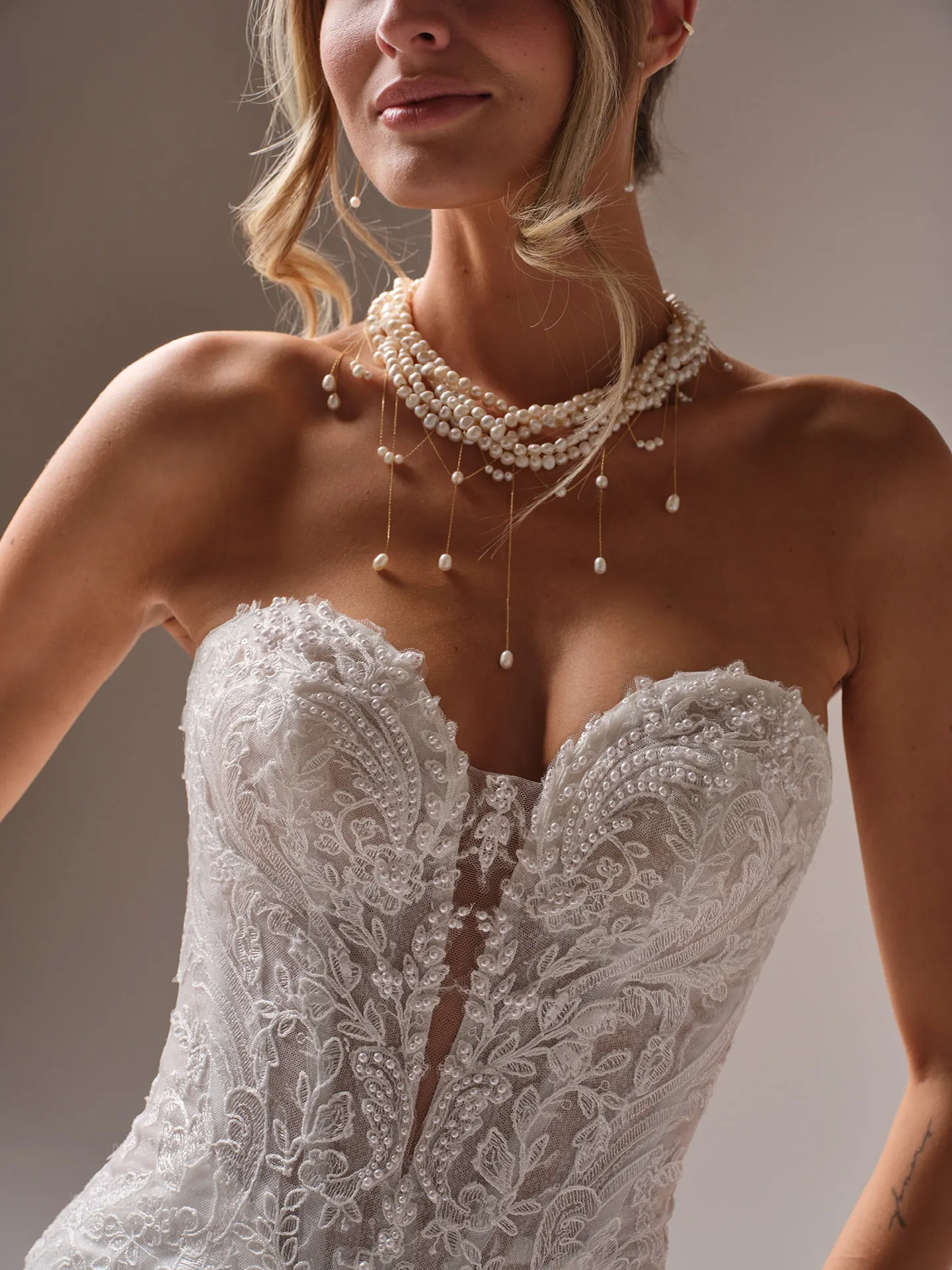 Sottero and Midgley Zareen front view, illusion lace mermaid bridal dress close-up.