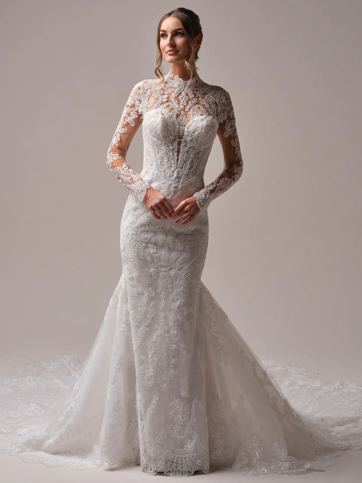 Sottero and Midgley Zareen mermaid wedding dress front view, illusion lace and scalloped design