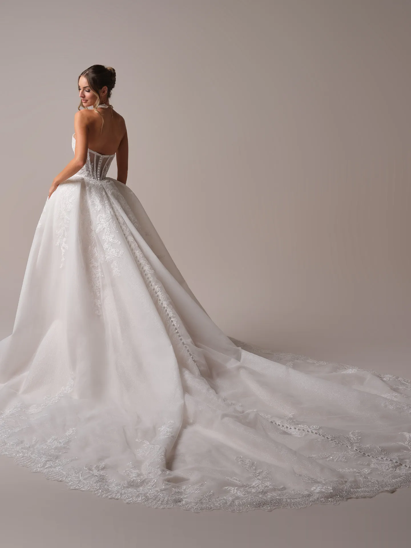 Sottero and Midgley Zareen back view lace mermaid bridal dress with long train
