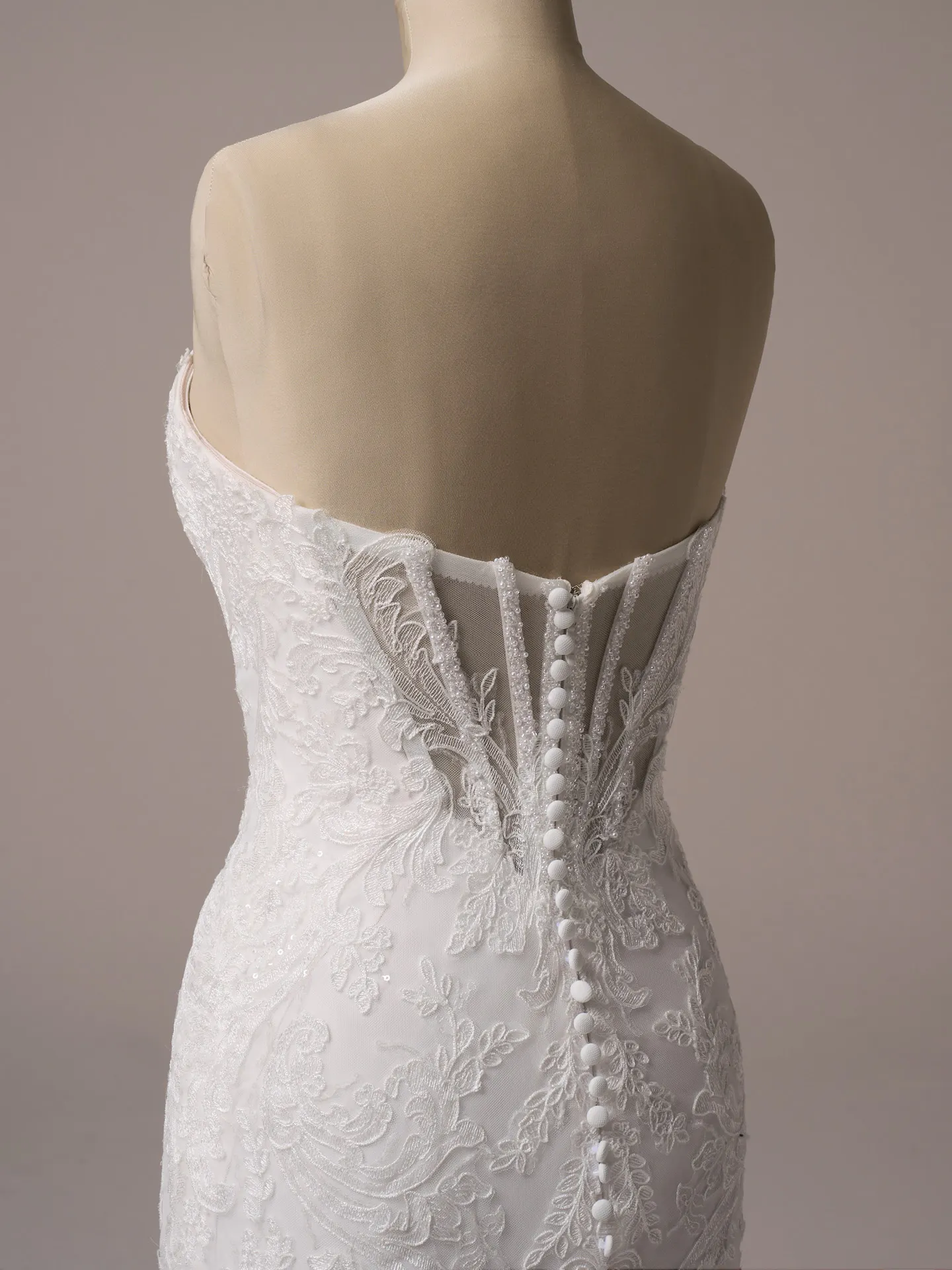 Sottero and Midgley Zareen back view lace mermaid dress with scalloped edges and button details
