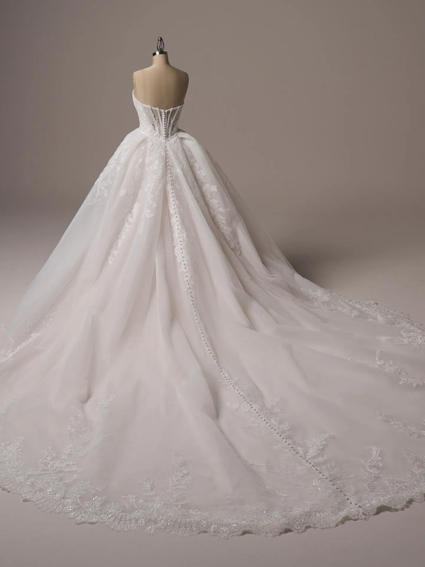 Sottero and Midgley Zareen bridal dress back view, lace detail and long train.
