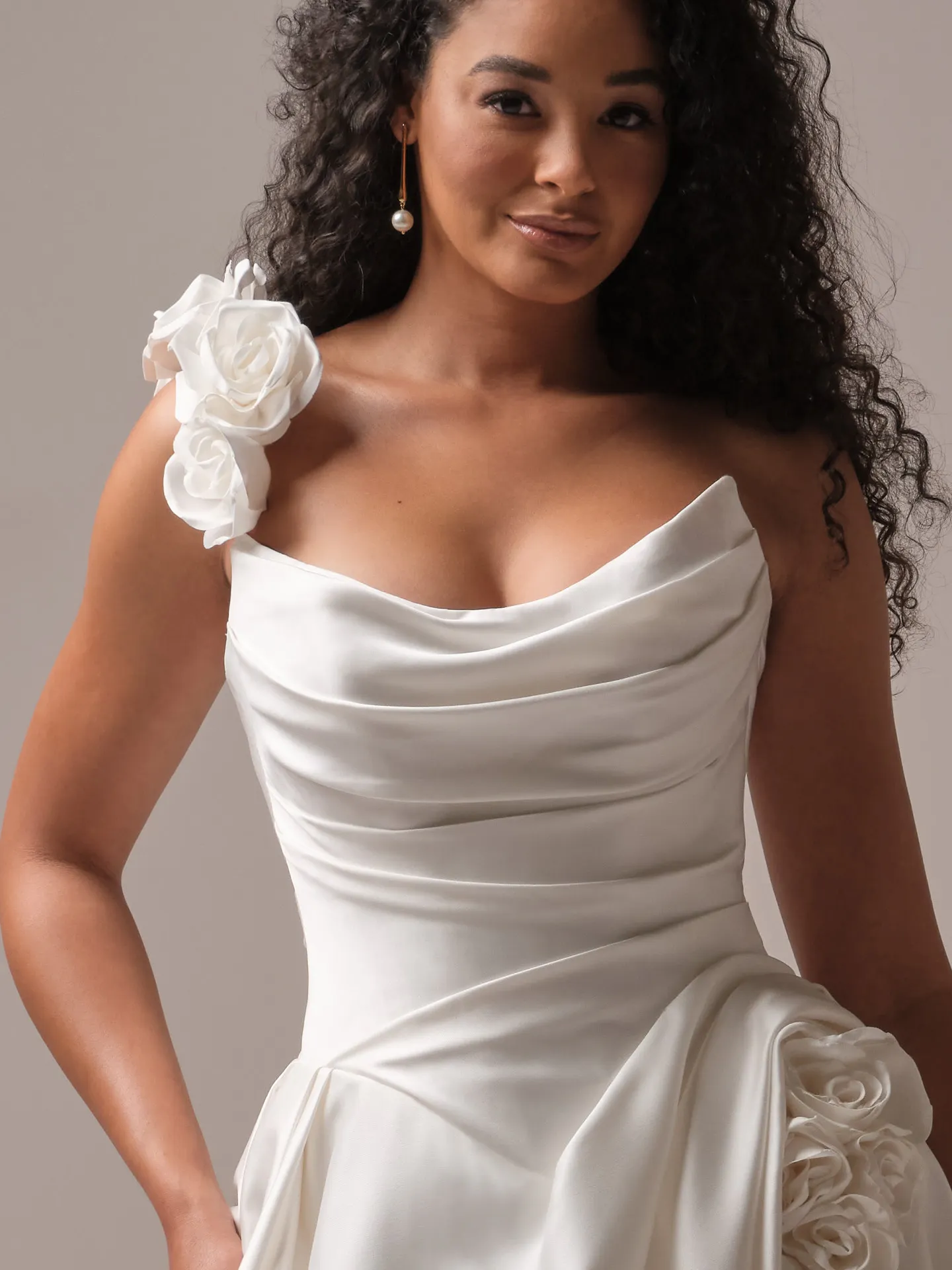 Sottero wedding dress front view with -D flower strap and draped satin bodice
