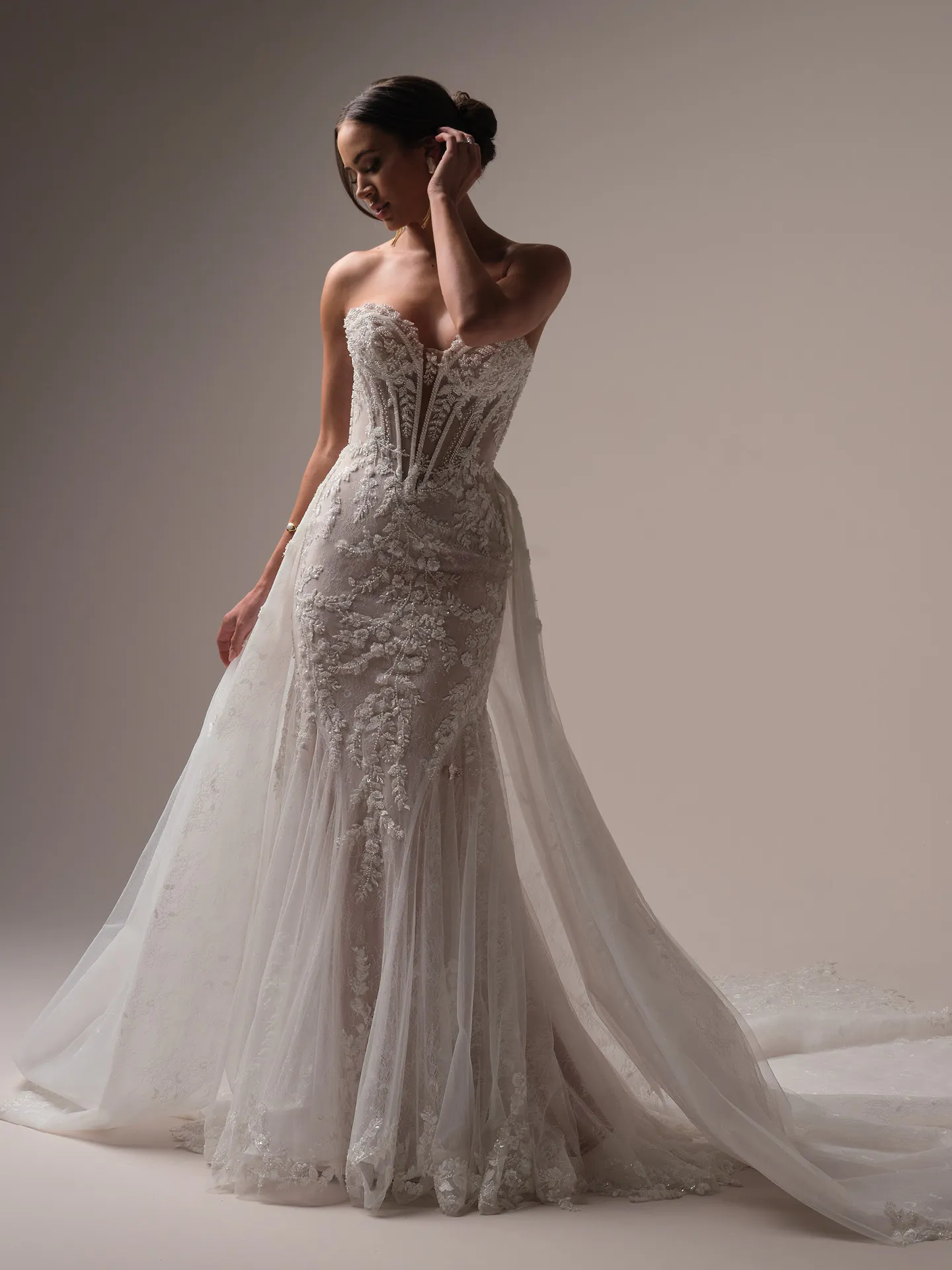 Maggie Sottero Benjie Royale front view, Chantilly Lace Train, sequined beaded lace detailing