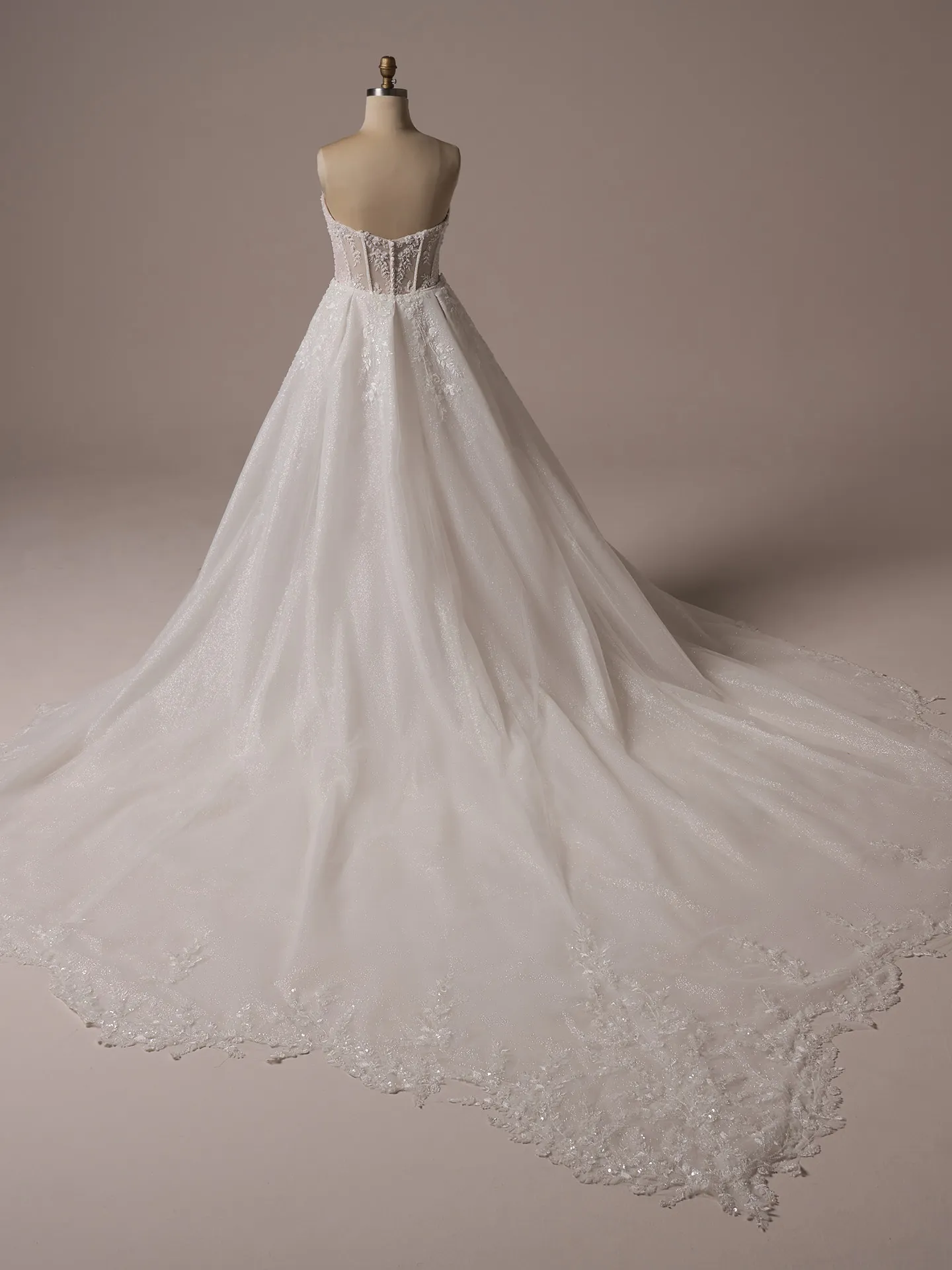Benjie Royale back view, glittery train with sequin and beaded motifs, Maggie Sottero