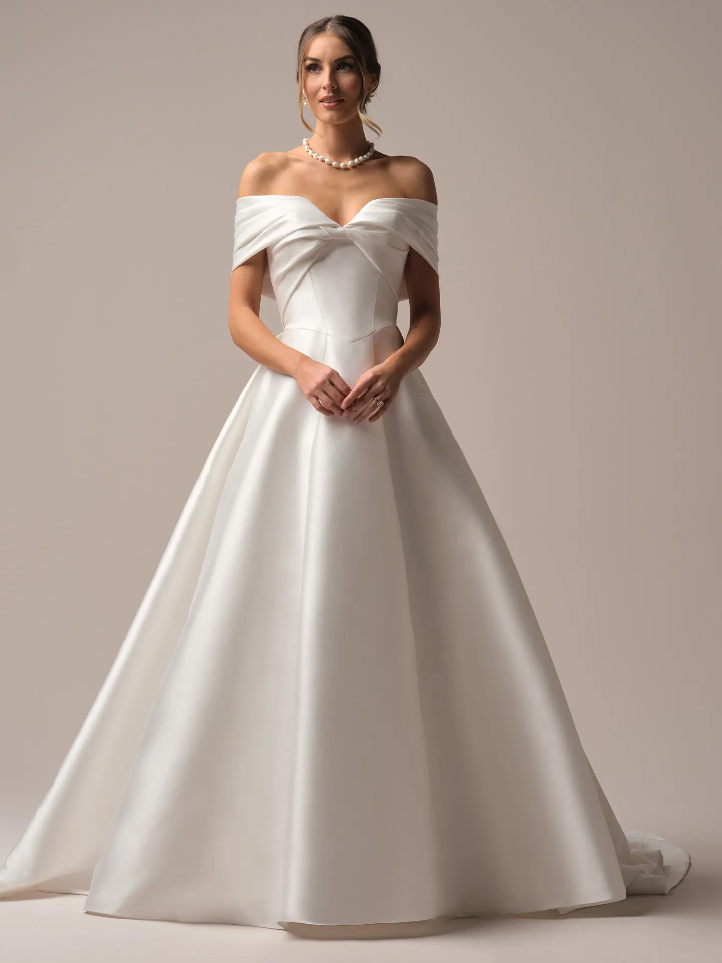 Rebecca Ingram Brooke front view off-the-shoulder A-line wedding dress
