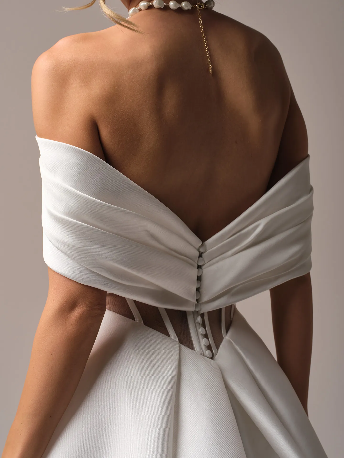 Rebecca Ingram Brooke back view off-shoulder Felicity Mikado with pleated cap-sleeves