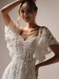 Boho illusion tulle flutter sleeves with beaded lace