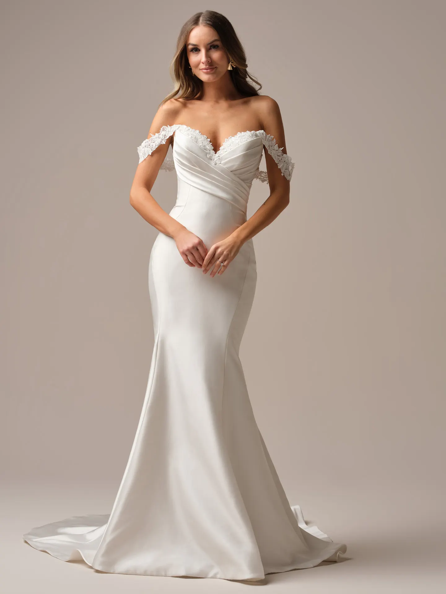 Rebecca Ingram Cindy front view elegant silhouette with off-shoulder cap-sleeves