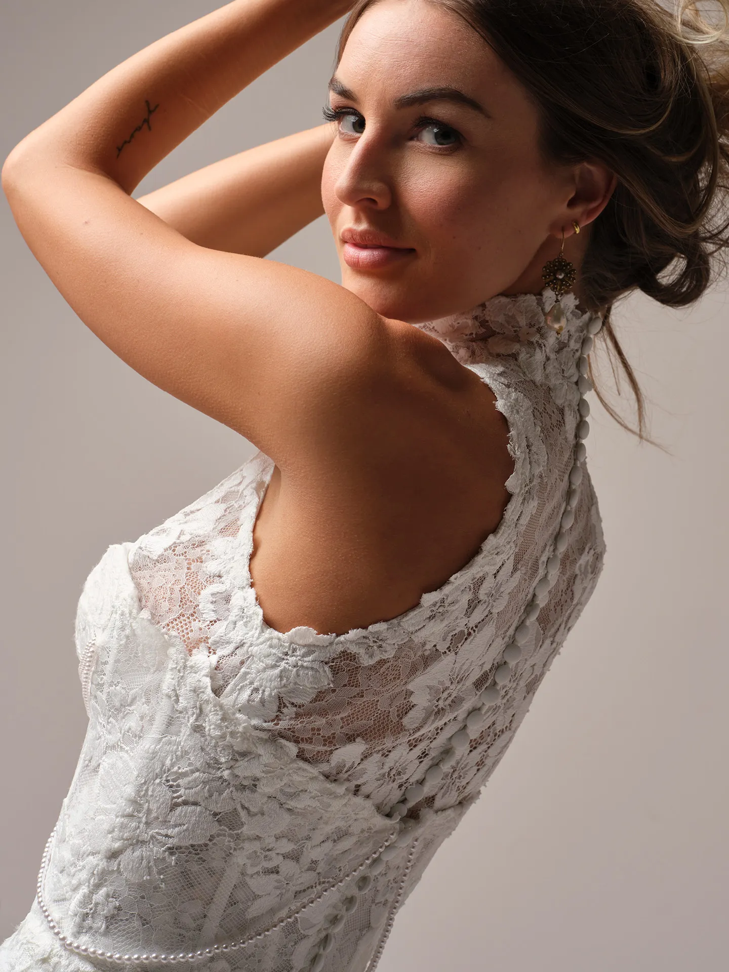 Maggie Sottero Devon Jacket side view, lace halter neckline, bridal style