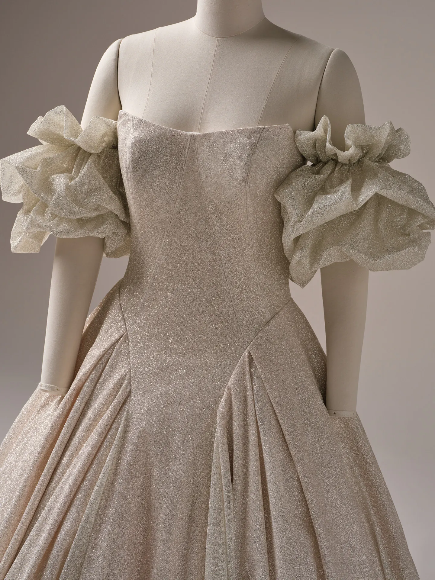 Maggie Sottero Fortune Royale arm bands draped off shoulder tulle sleeve detail