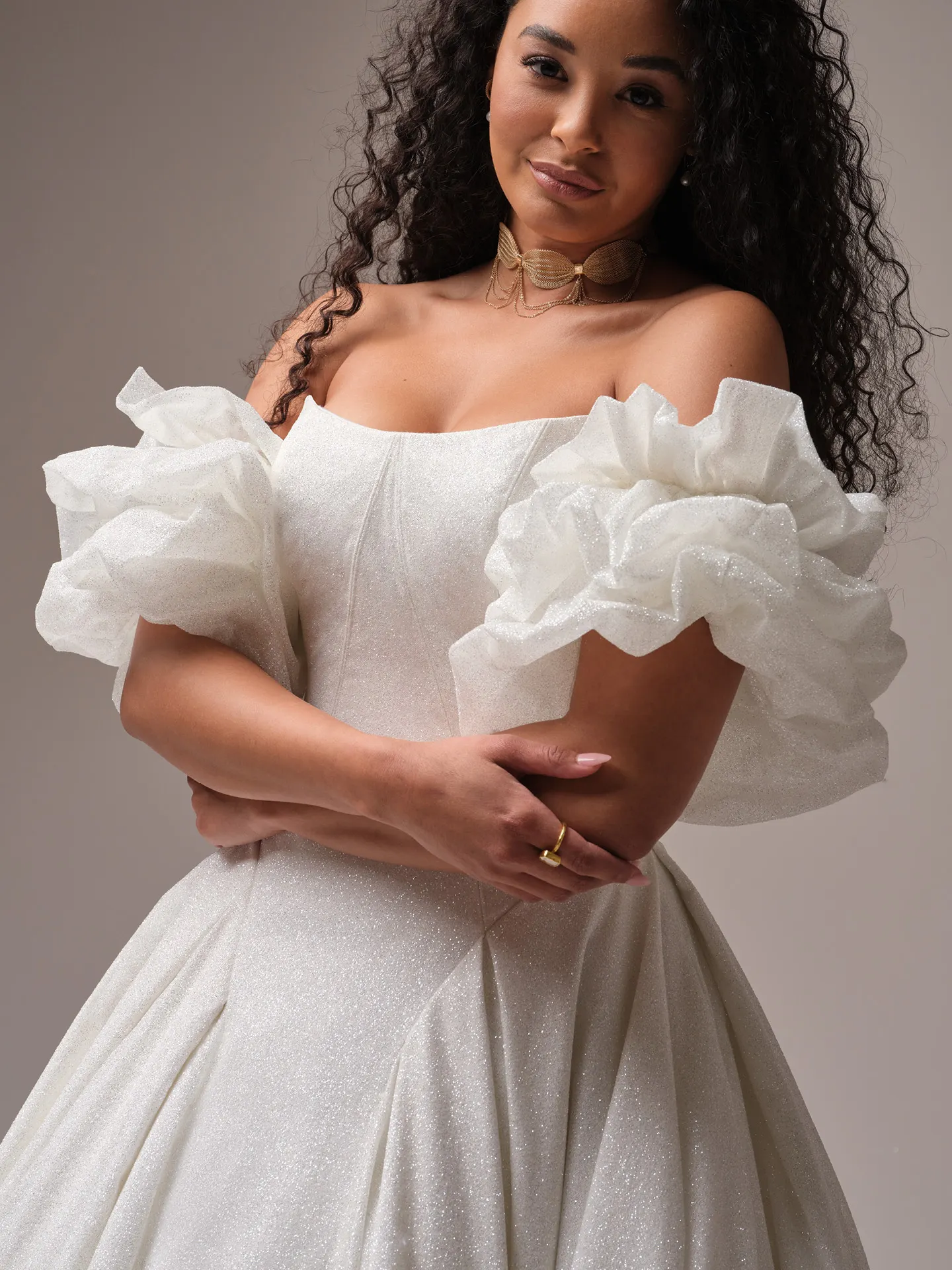 Maggie Sottero Fortune Royale arm bands structured off shoulder tulle sleeve detail