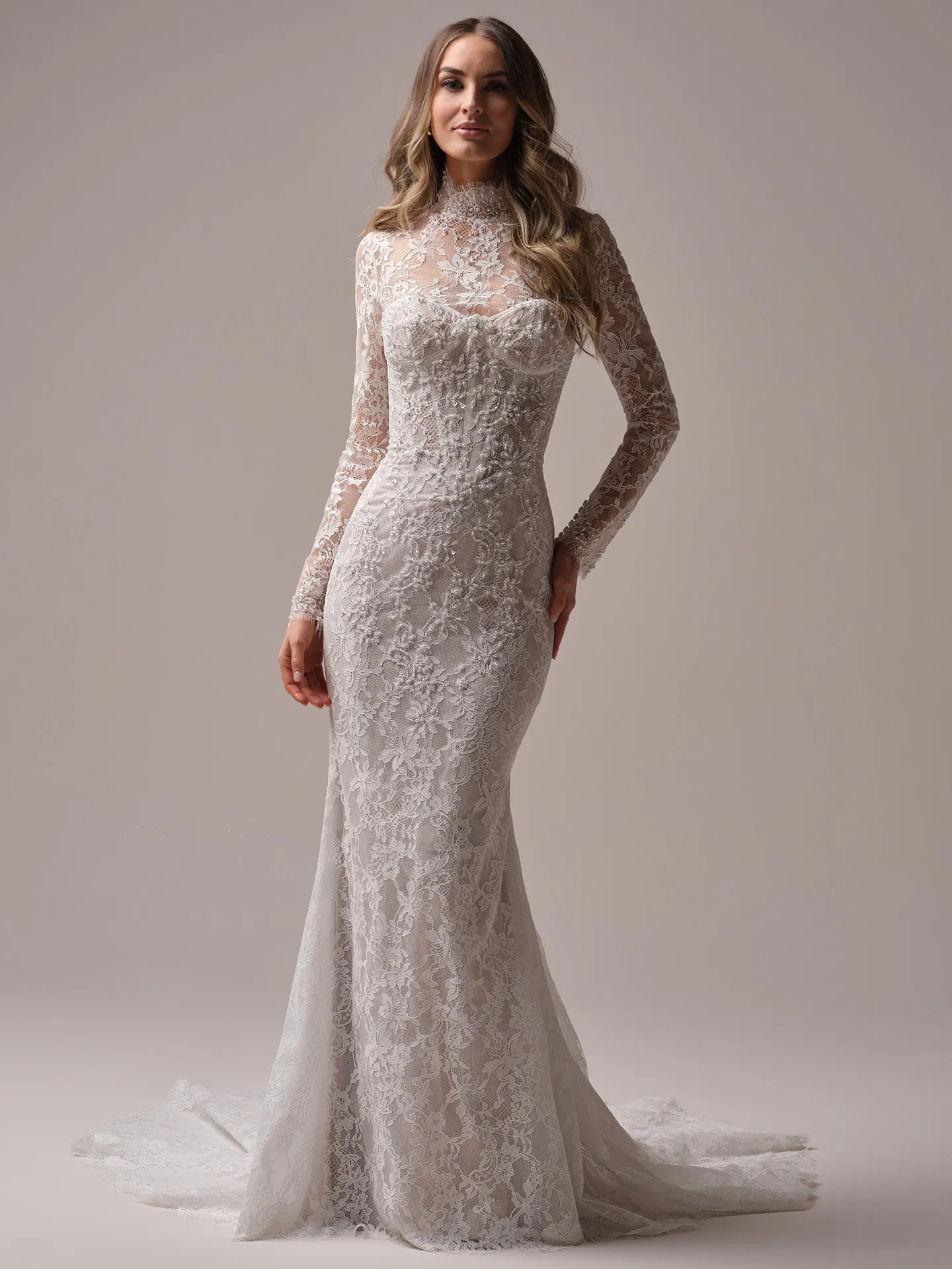 Sottero and Midgley Jovienne front view lace sheath wedding dress with illusion lace jacket