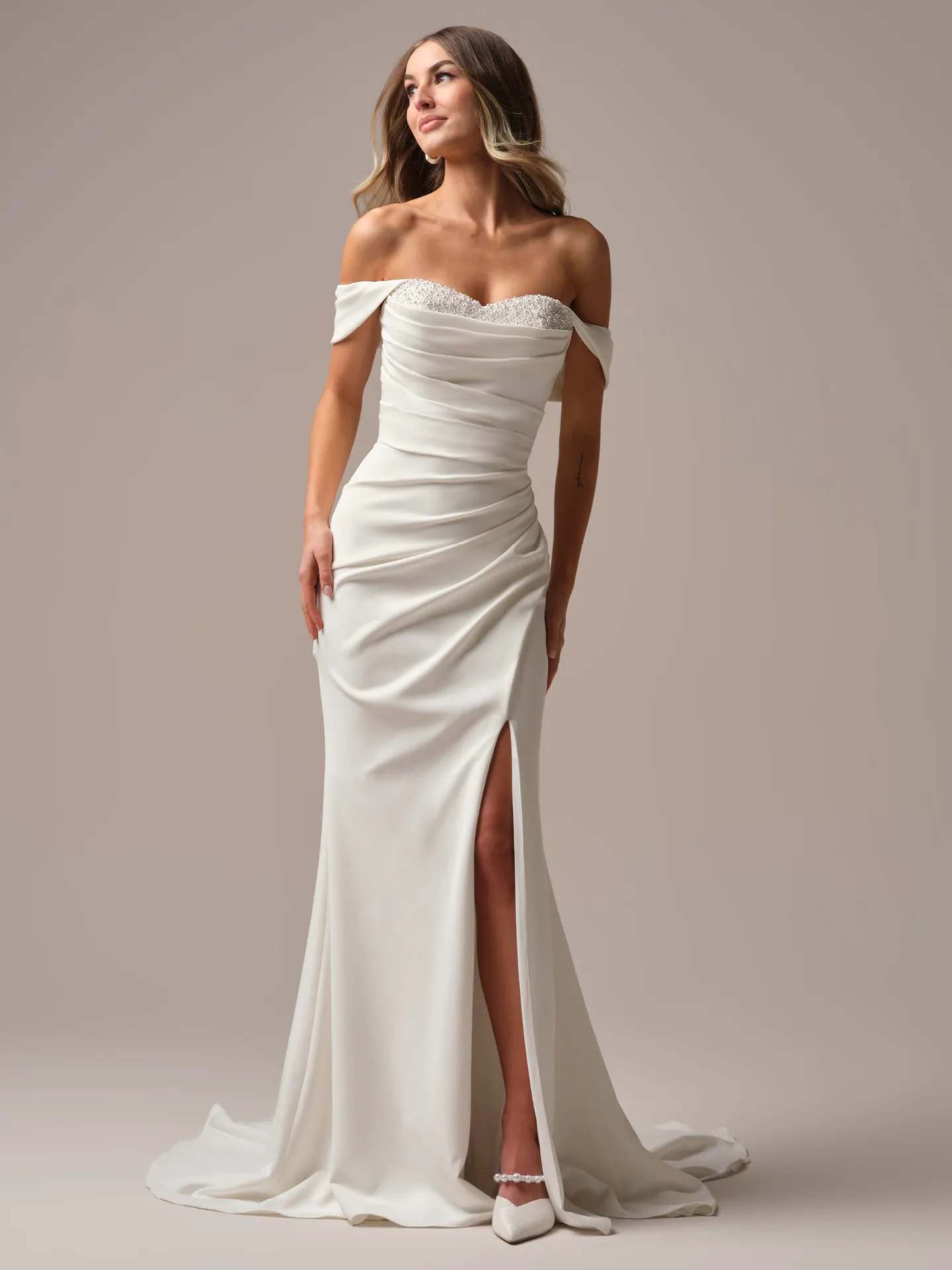 Rebecca Ingram Kathleen front view, off-the-shoulder, slit, cap-sleeves