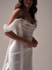 Whimsical draped Soleil organza cap-sleeves with streamers