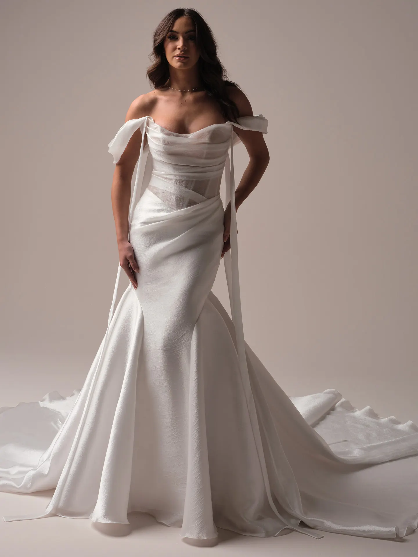 Sottero and Midgley Lagos front view, cap sleeves, draped organza with streamers
