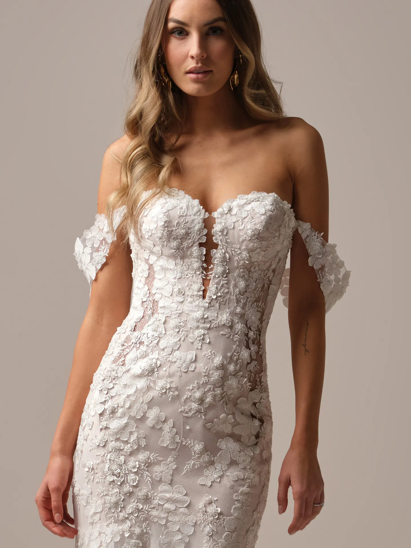 Maggie Sottero Malone fit and flare wedding dress front view with lace bodice