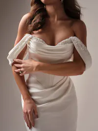 Cartago satin pleated cap-sleeves with beads and pearls