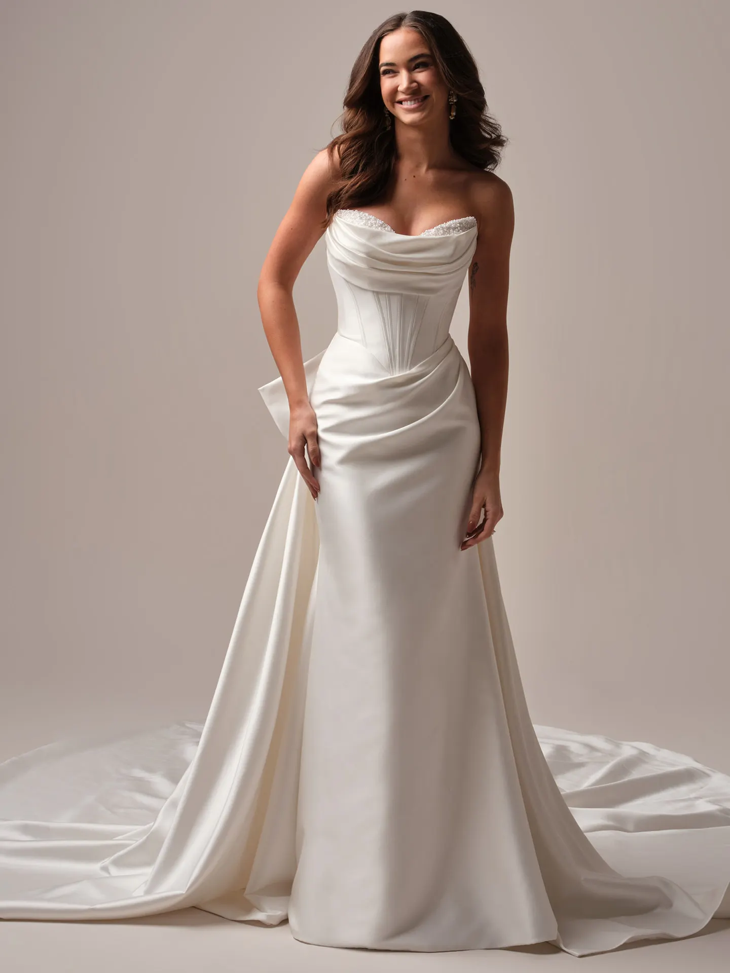 Maggie Sottero Melissa fit and flare wedding dress side profile with sculpted fit