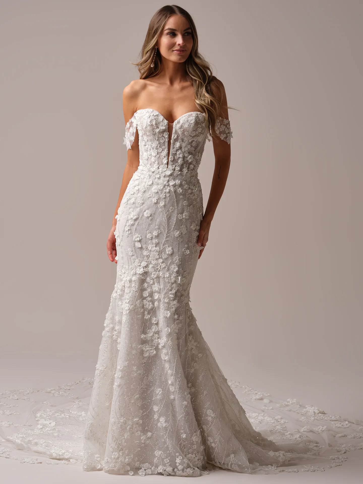 Sottero and Midgley Noor front view; beaded and sequin 3-D lace cap-sleeves