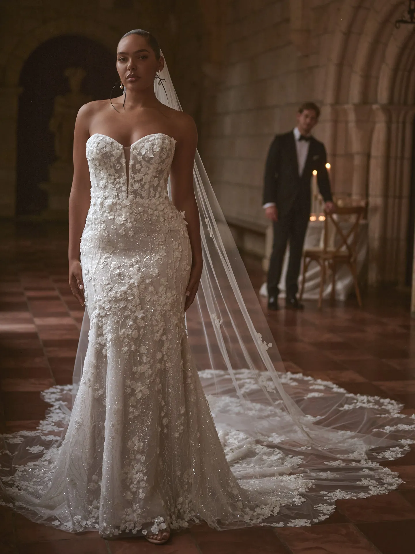 Sottero and Midgley wedding dress front view with Noor Veil and 3-D lace detailing.
