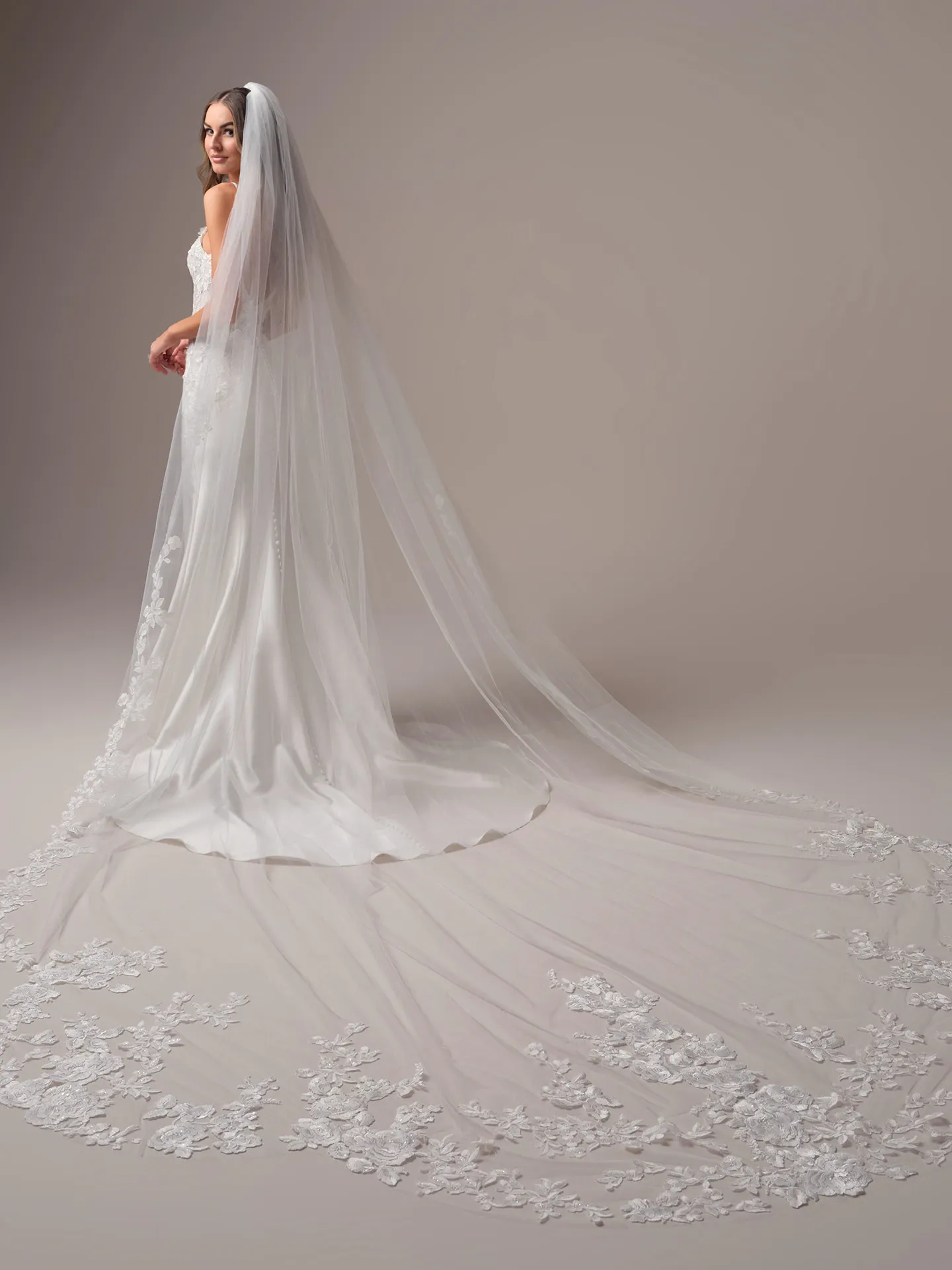 Rebecca Ingram Nova veil, royal length with sequin lace, scalloped edge, side view