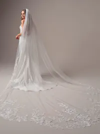 Floral royal length veil with sequin lace and scalloped edge