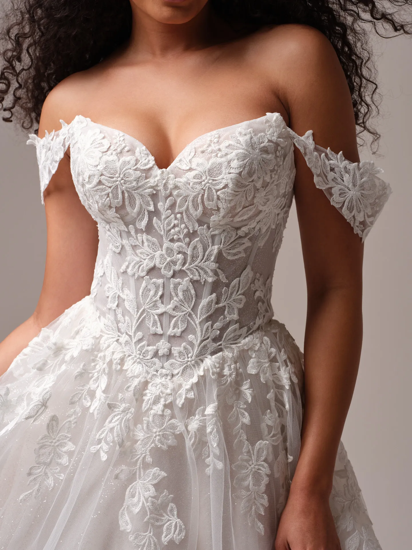 Rebecca Ingram Paige front view lace off-the-shoulder cap sleeves