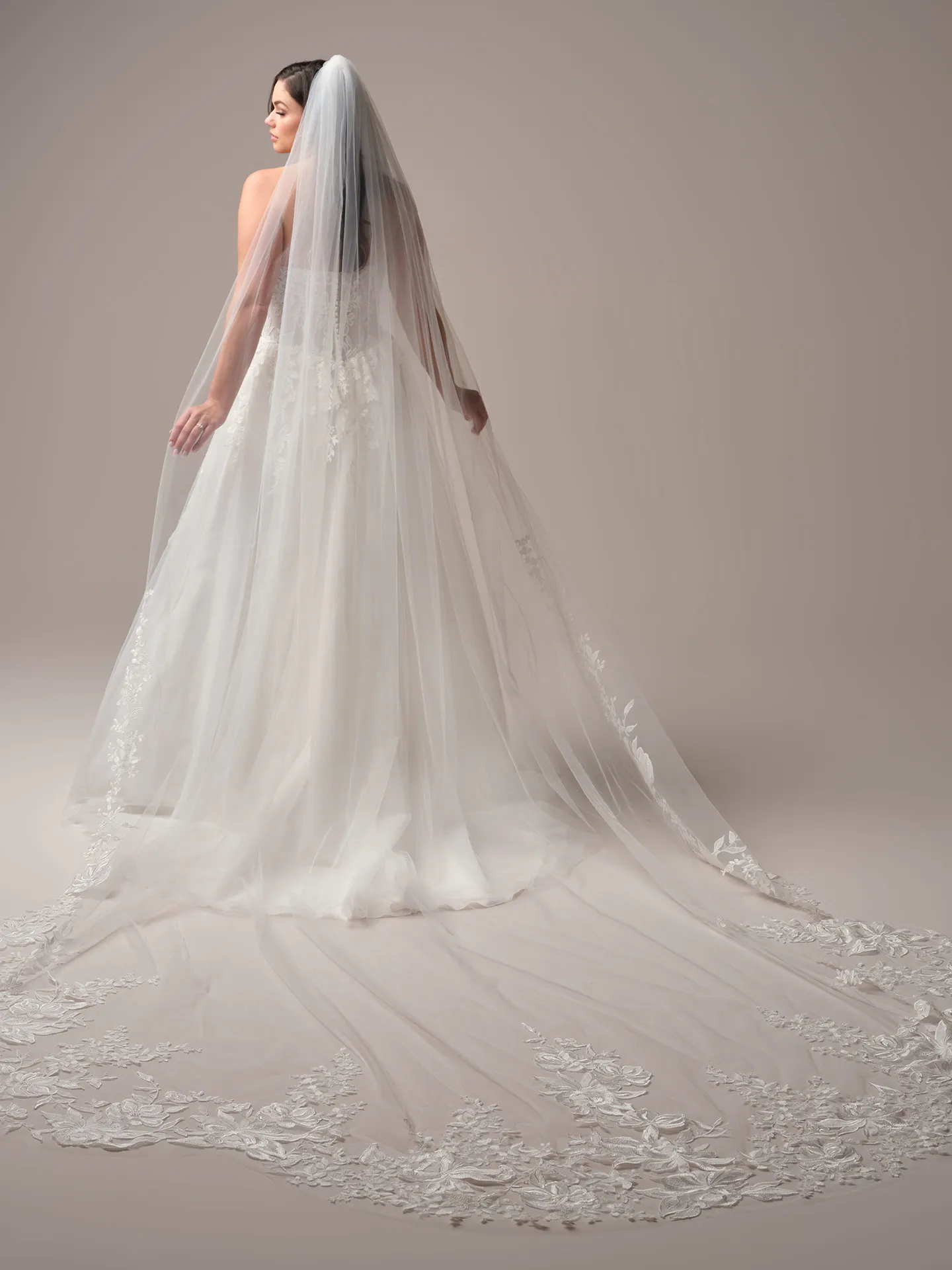 Rebecca Ingram Paige Veil back view with scalloped lace and royal length design