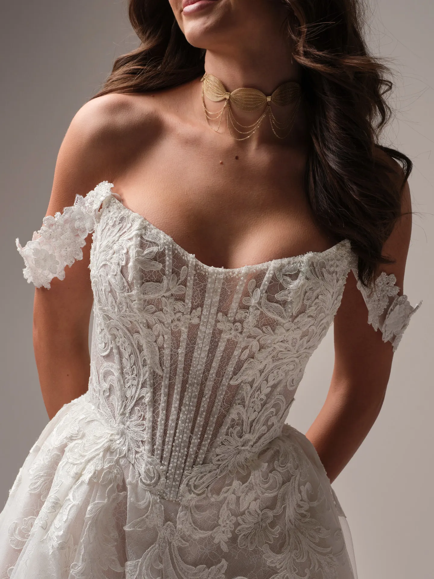 Sottero and Midgley Parker front view with detachable sequin lace cap-sleeves.