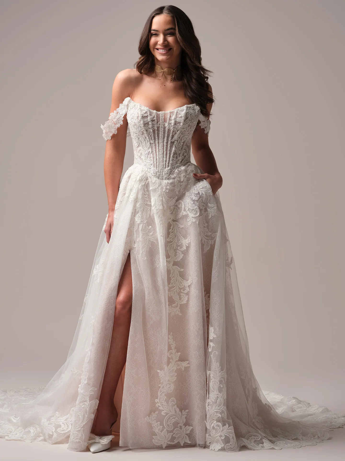 Sottero and Midgley Parker front view dress with detachable lace sleeves and floral details