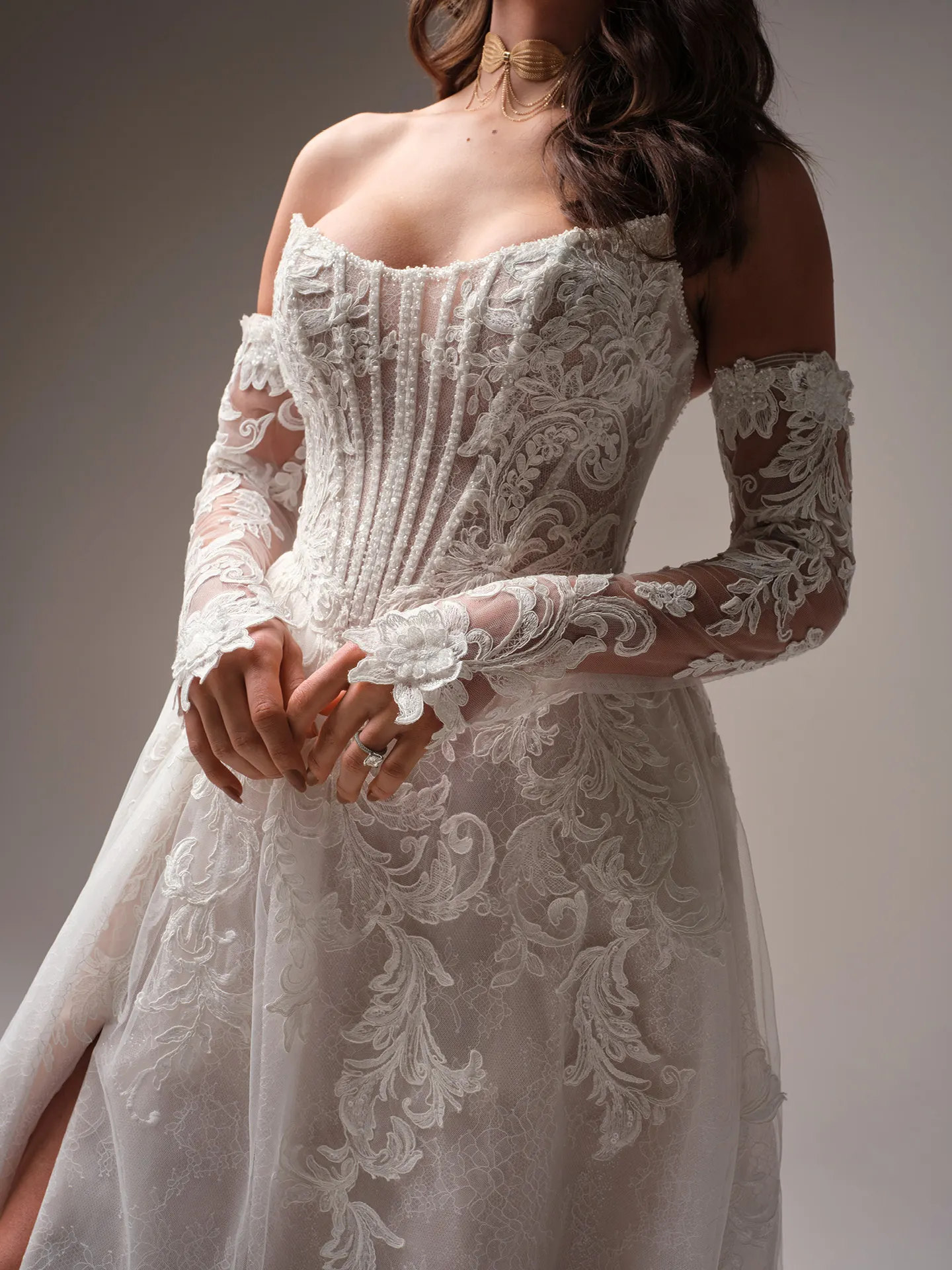 Sottero and Midgley Parker front view, beaded lace long sleeves with 3-D flowers