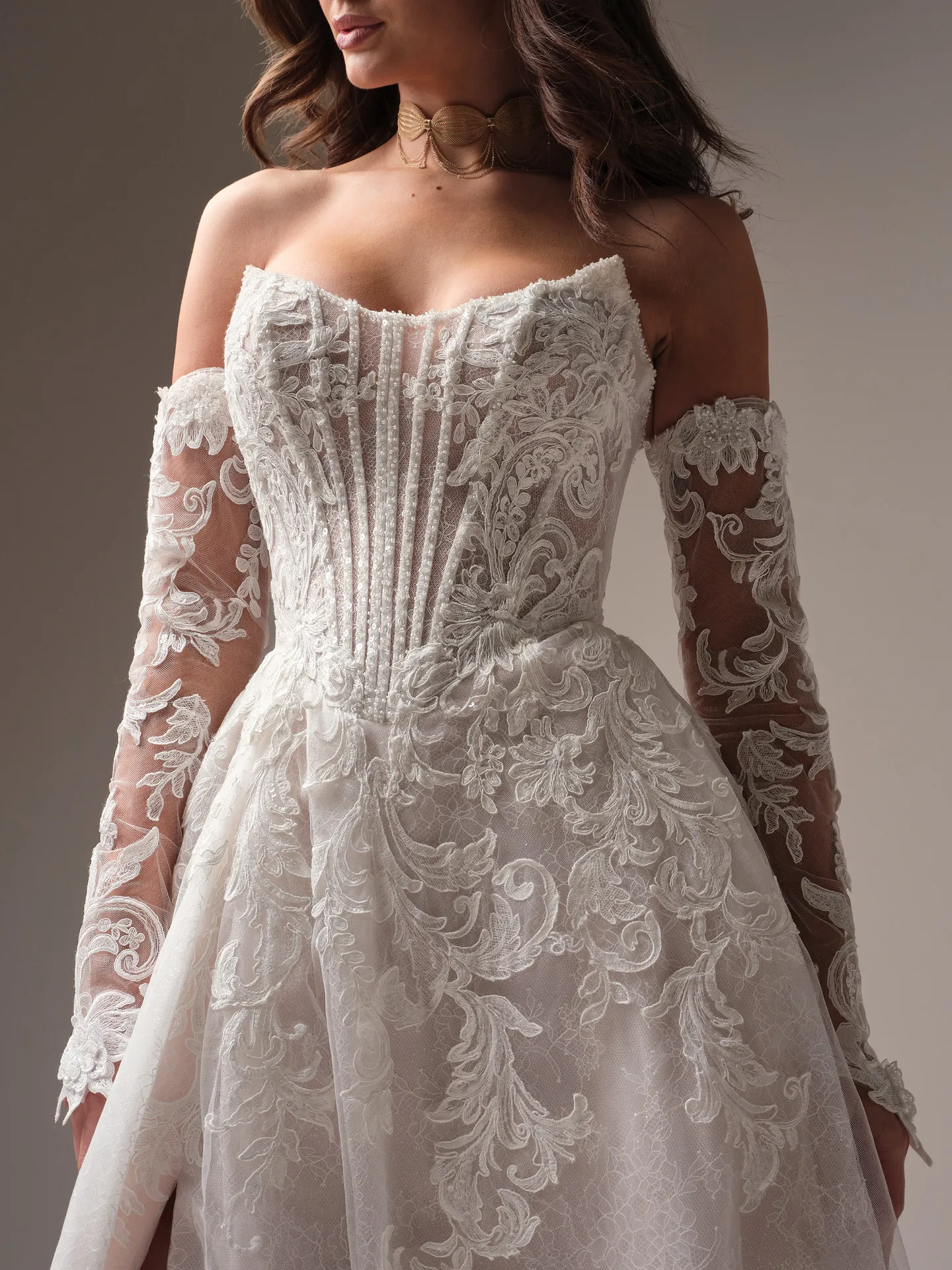 Sottero and Midgley Parker front view beaded lace long sleeves with 3-D flowers