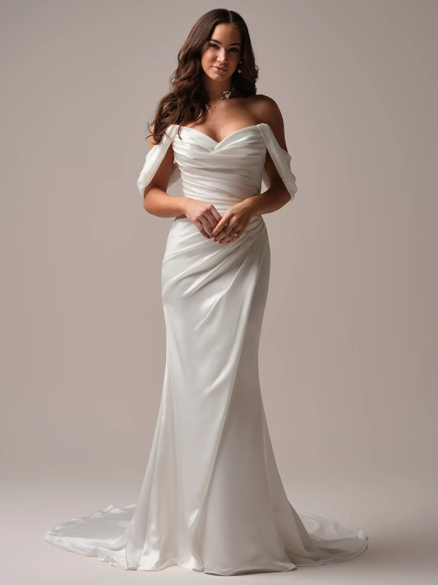Sottero and Midgley Rhianna front view, satin gown with cap sleeves.