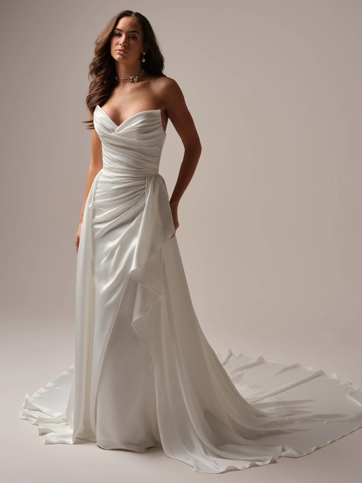 Sottero and Midgley Rhianna front view, A-line, satin train with draping.
