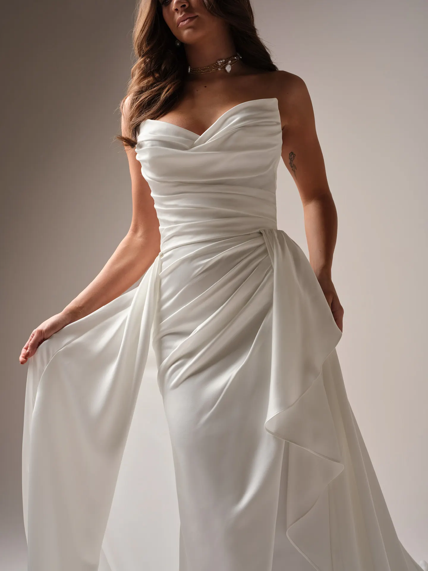 Sottero and Midgley Rhianna front view satin dress with draped bodice