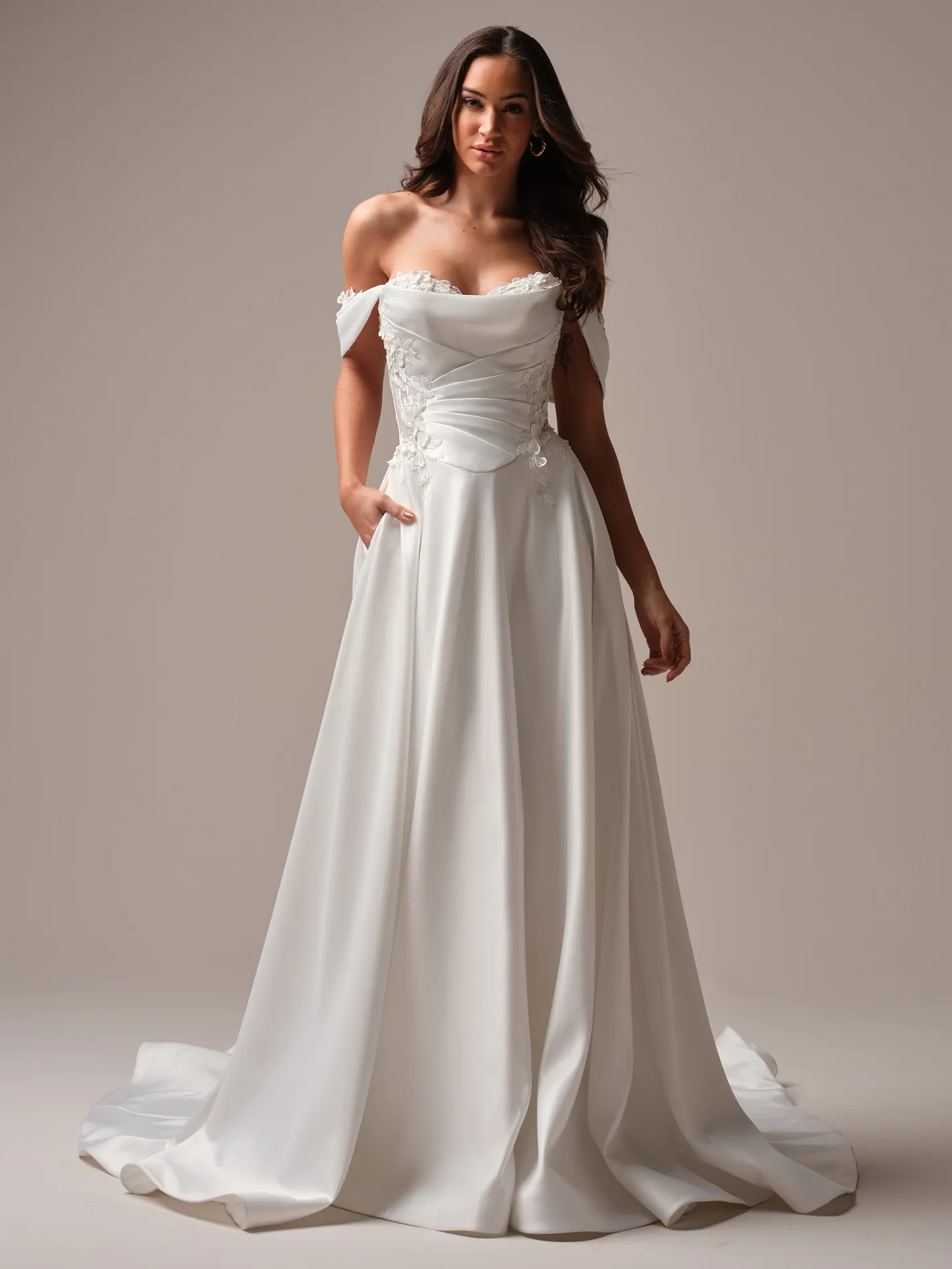 Rebecca Ingram Sable front view A-line dress with ruched cap-sleeves and 3-D lace details