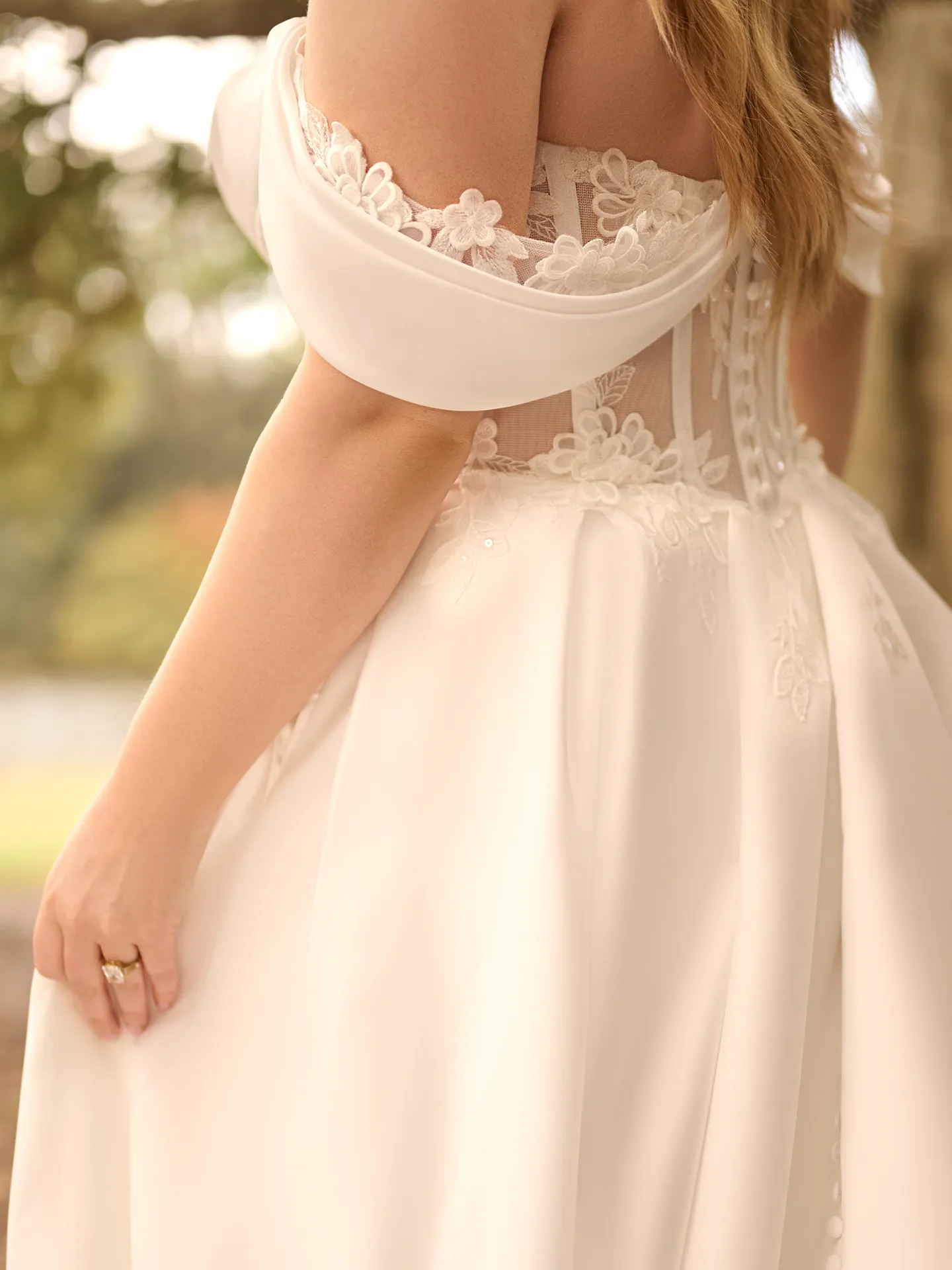 Rebecca Ingram Sable side view: ruched satin cap-sleeves with 3-D lace detail.
