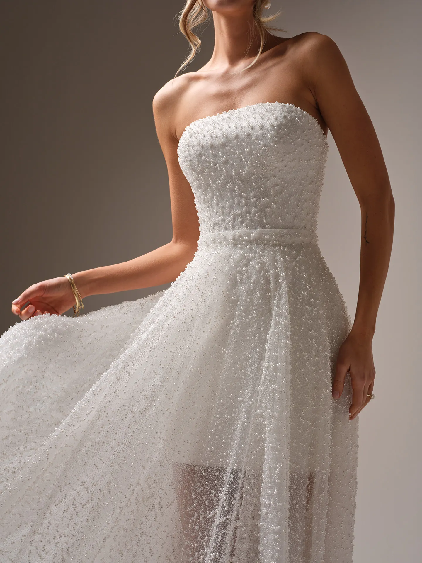 Rebecca Ingram Taylor overskirt front view, pearl over lace, chic organza.