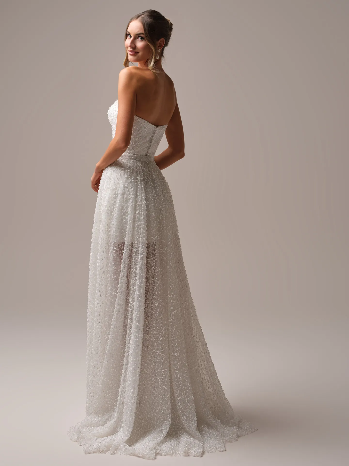 Rebecca Ingram Taylor back view, pearl lace overskirt with chic organza.